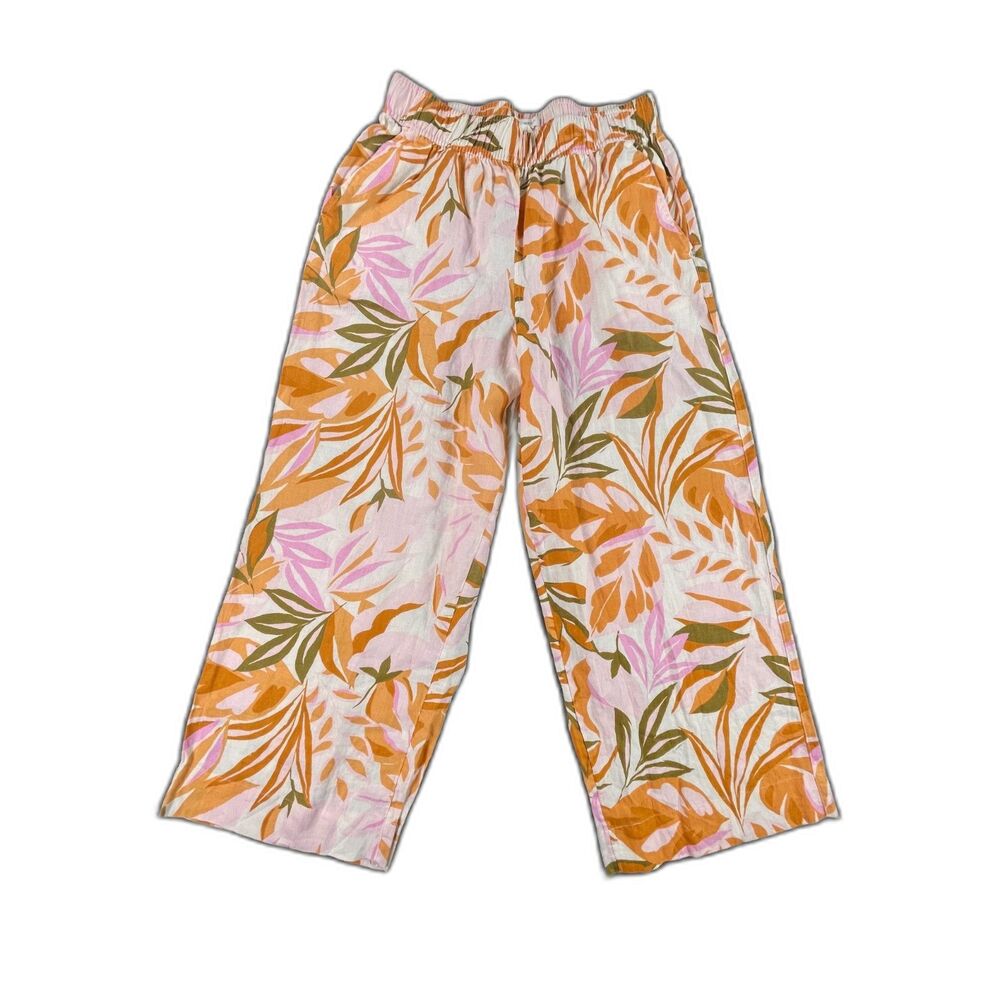 C&C California Tropical Floral Wide Leg Linen Palazzo Pants Pink Green Medium - Picture 2 of 12